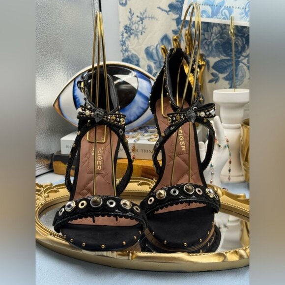 🆕 KURT GEIGER LONDON 🧿 NWOB Mini Bow Eyelet Heel Sandal, Black - Sz 39 US 8.5 - Picture 7 of 14